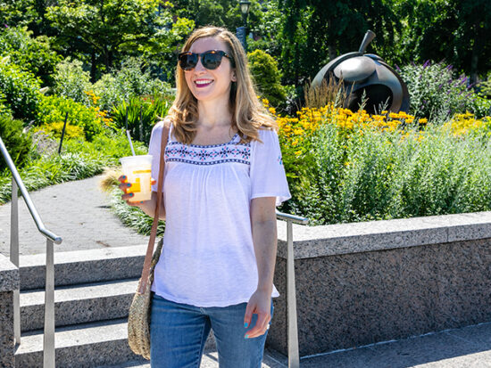 Anne Wearing Lucky Brand Embroidered Shirt and walking.