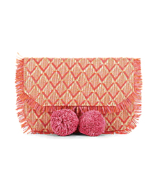 BARNEYS NEW YORK Pom-Pom Straw Clutch.