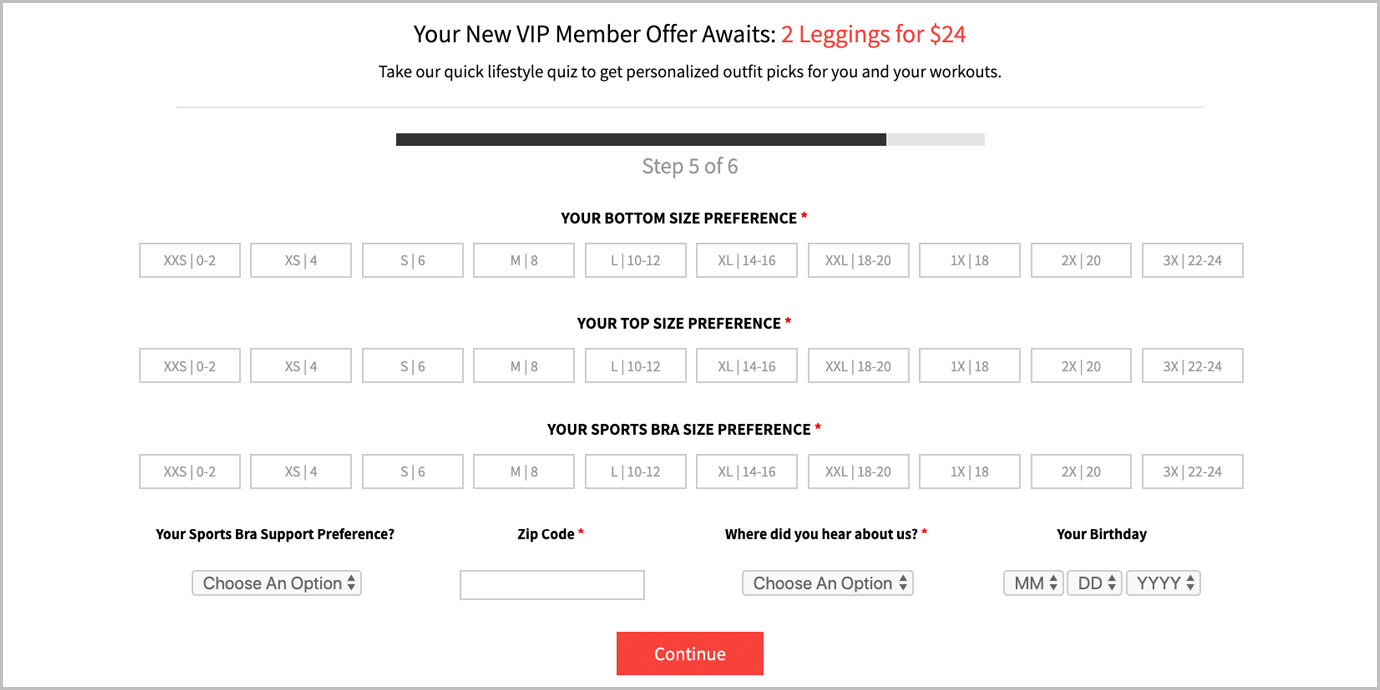 Sizes offered on Fabletics during sign-up.