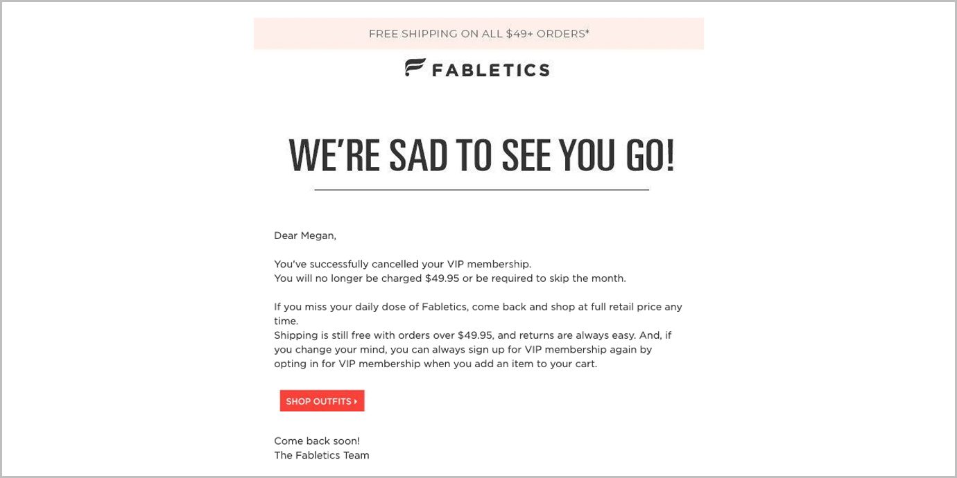 Fabletics cancellation email.