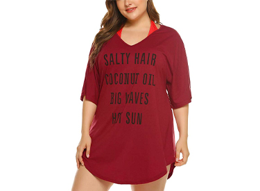 IN'VOLAND Women Plus Size Swimwear Baggy T-Shirts V Neck Letters Print Swimwear Bikini Beach Cover up.