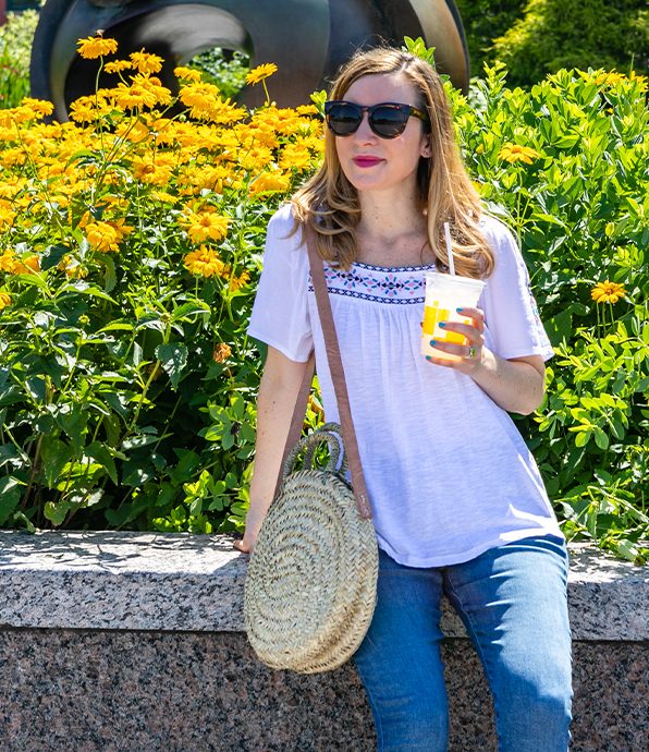 Anne Wearing Lucky Brand White Embroidered Top.