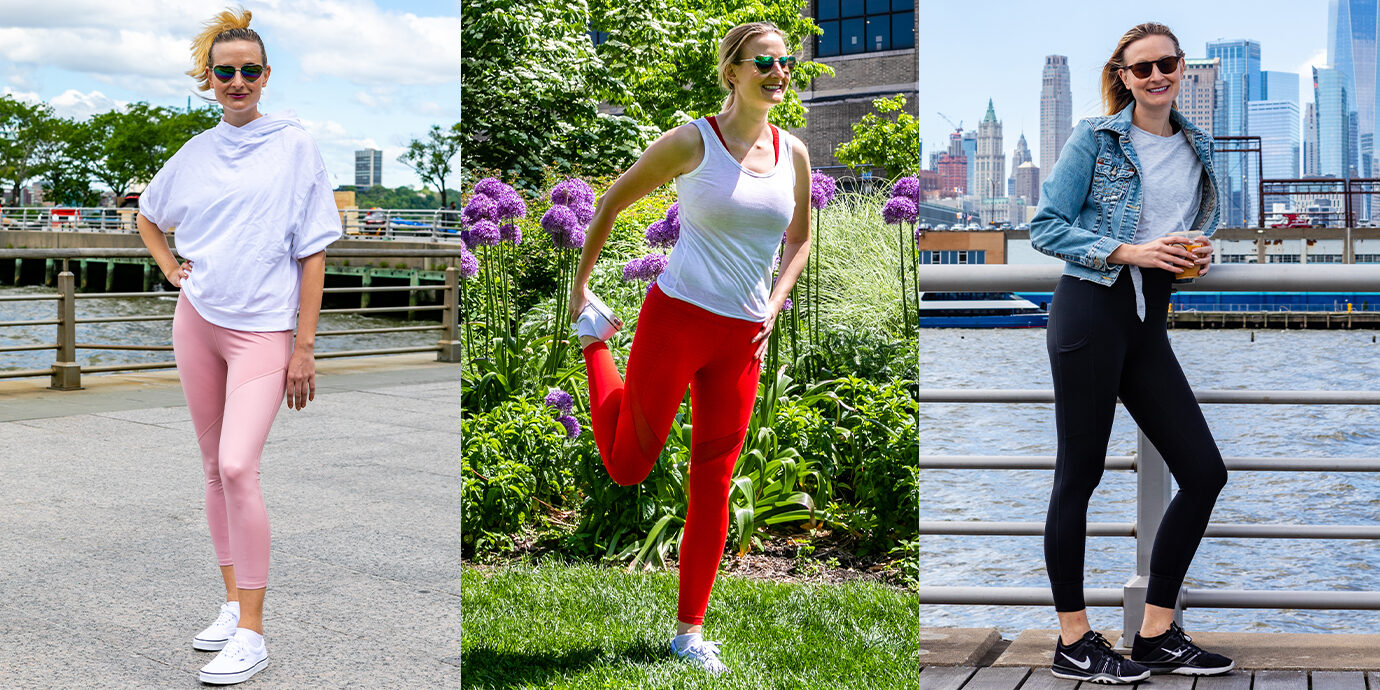 Megan in three different outfits from Fabletics.