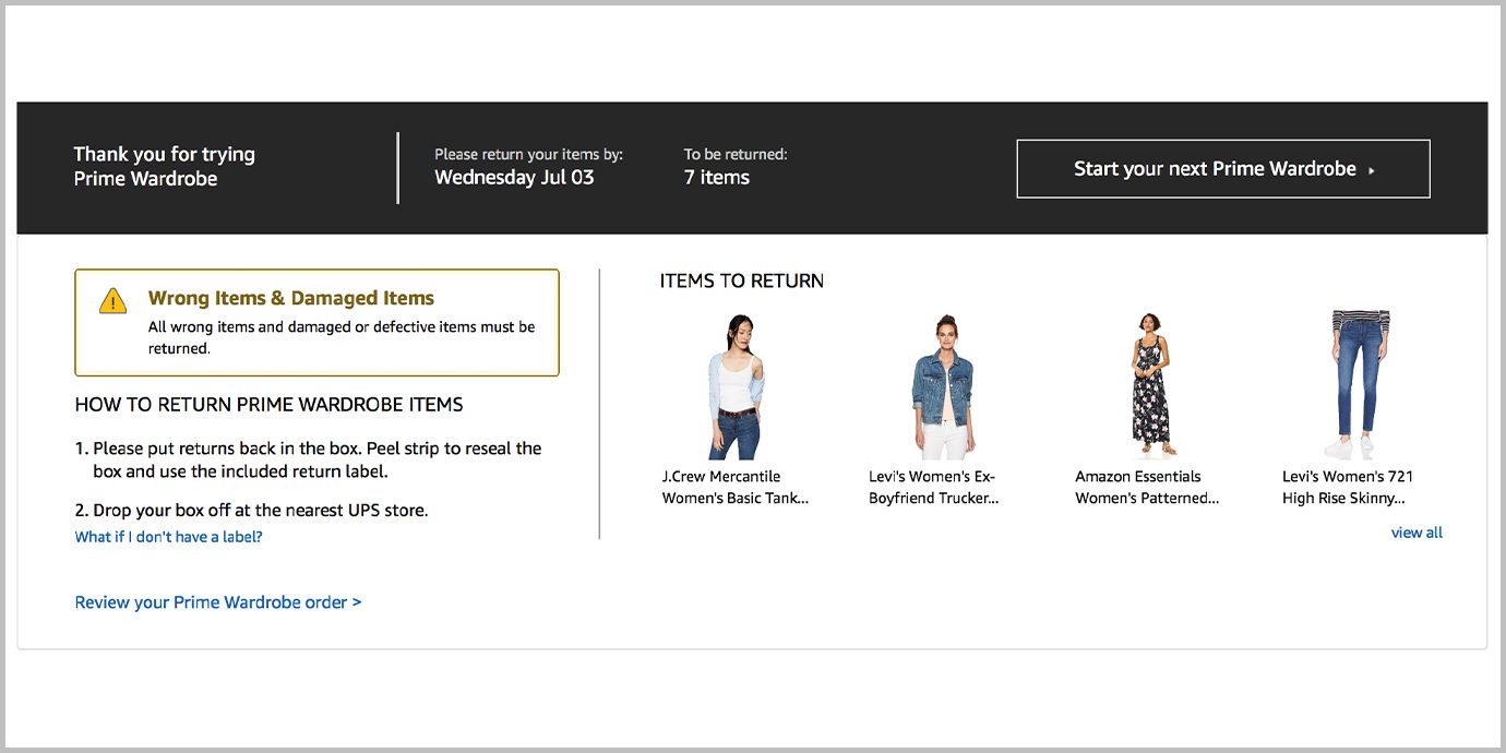 Screenshot of Prime Wardrobe Checkout process.