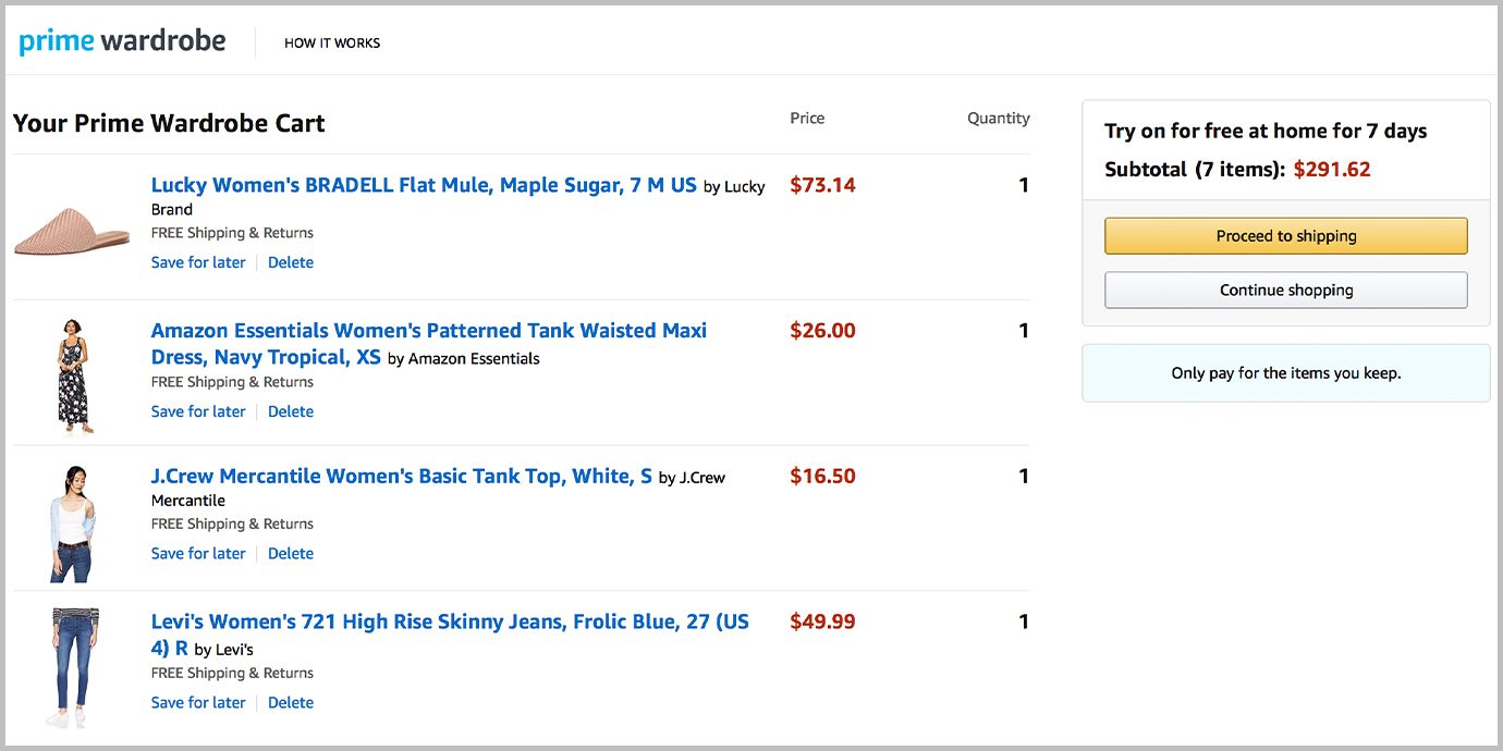 Screenshot of Prime Wardrobe checkout cart.