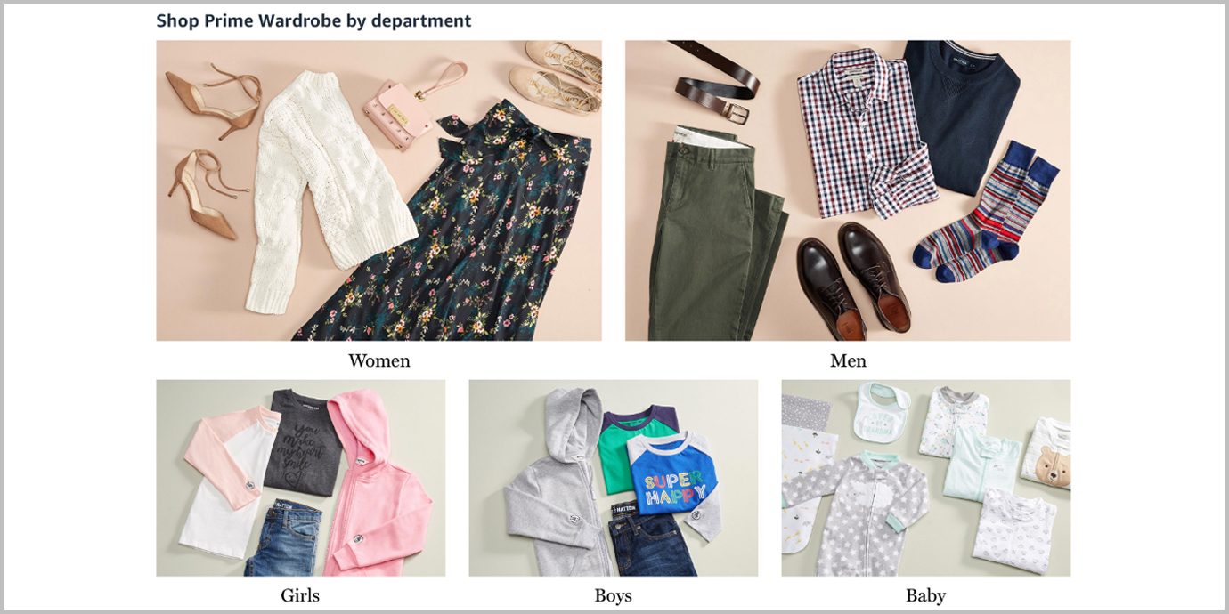 Screenshot of shopping Prime Wardrobe by department.