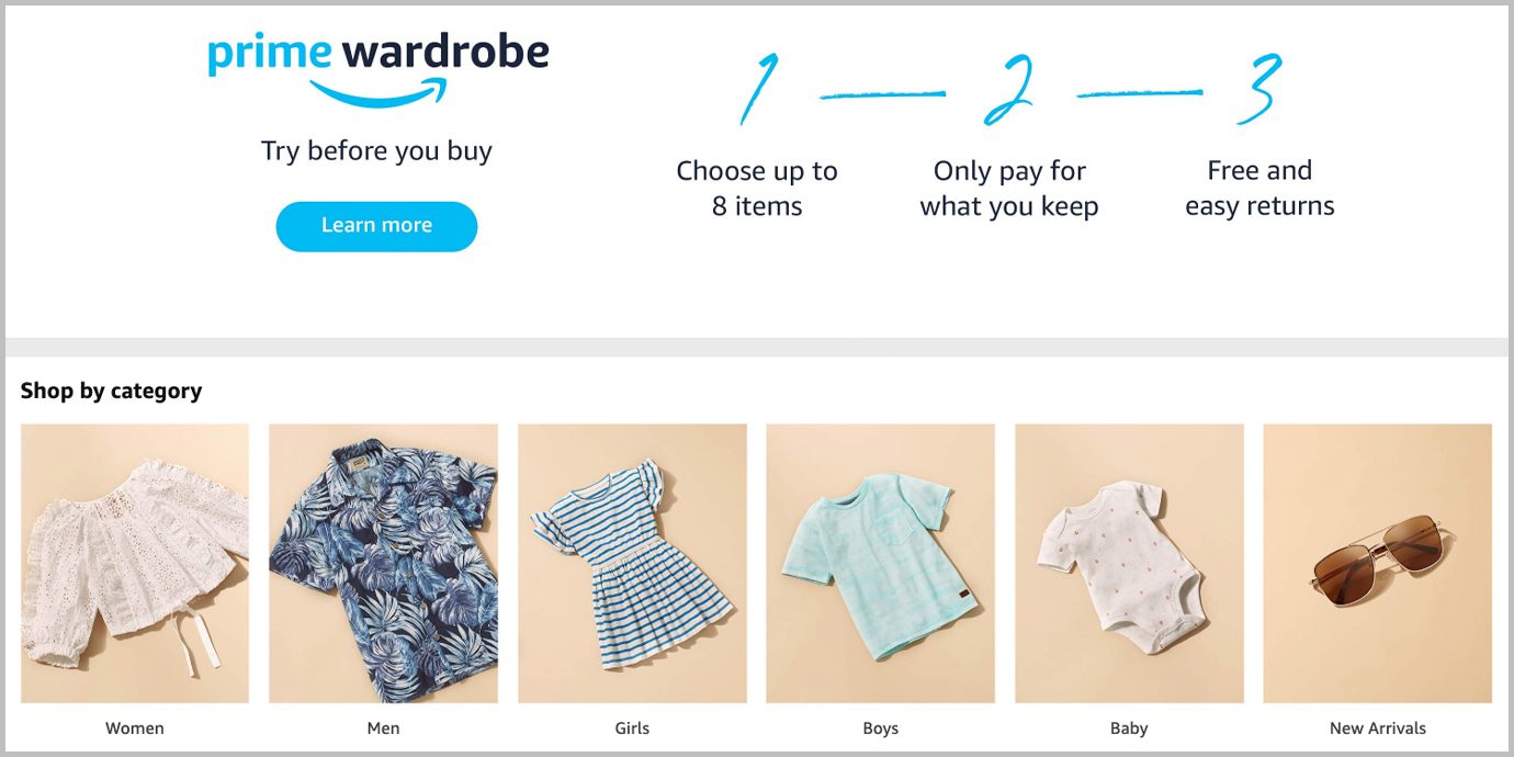 Screenshot of the Amazon Prime Wardrobe Landing Page.