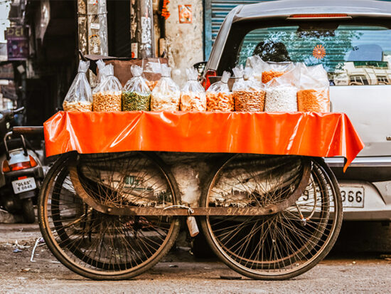 Cart with Street Food in New Delhi India.