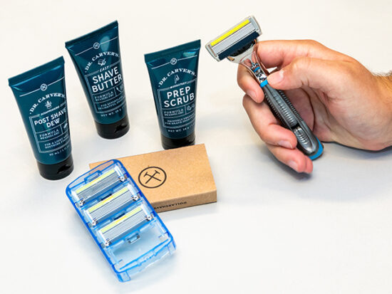 Razor Cartridges 4-Pack, Shave Butter, Prep Scrub, and Post Shave Dew.