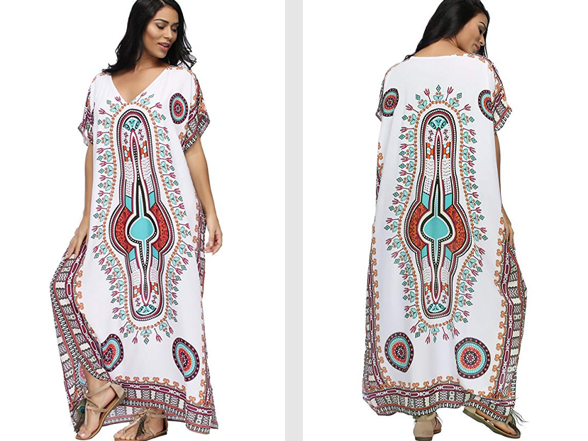 SMUDGE Life Women's White Ethnic Print Kaftan Maxi Dress.