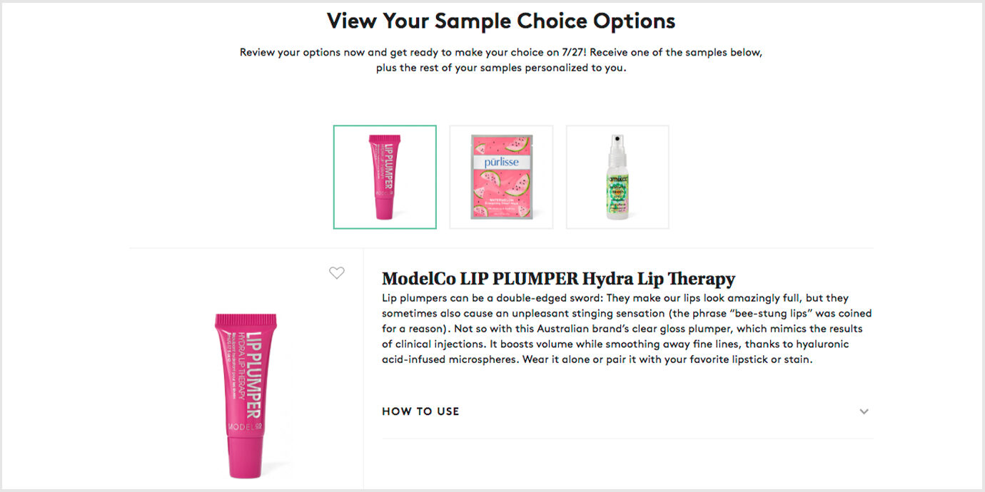 Screenshot of Birchbox Sample Choices.