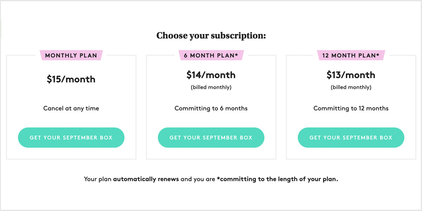 Screenshot of Birchbox subscription choices.