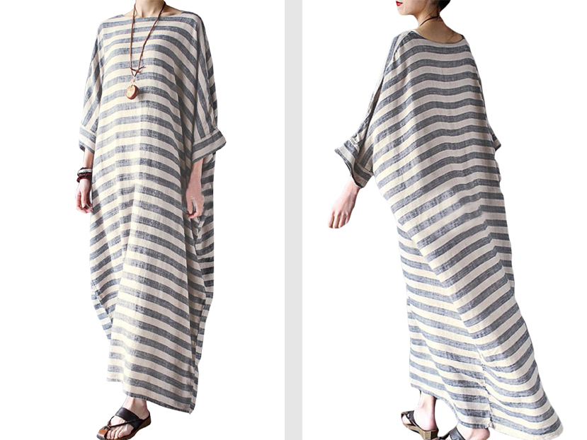 ZANZEA Women's Striped Half Sleeve Round Neck Kaftan Maxi Dresses.