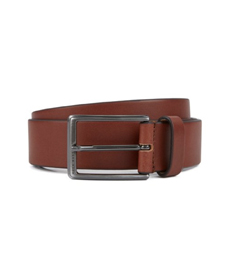 Leather belt with brushed-gunmetal buckle.