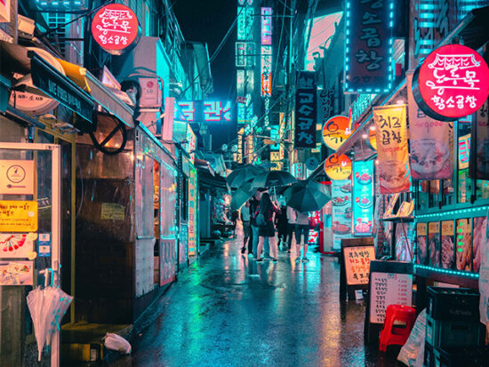 Seoul South Korea at night in the rain.