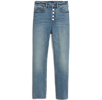 High Rise Button-Fly Cigarette Jeans with Secret Smoothing Pockets.