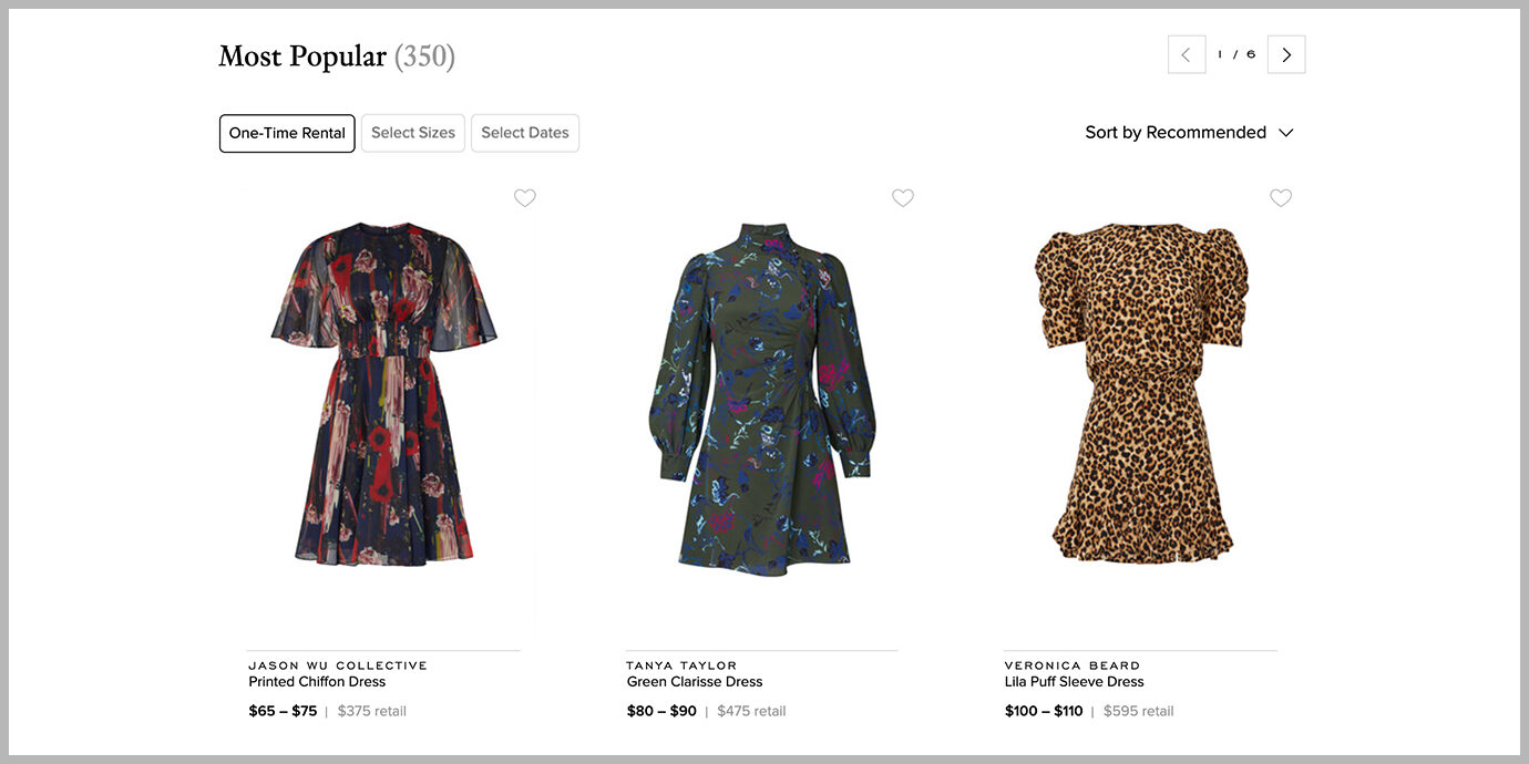 Screenshot of Rent the Runway Most Popular page.