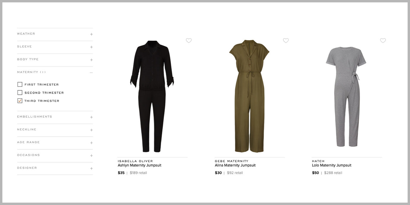 Screenshot of maternity clothing available on Rent the Runway.