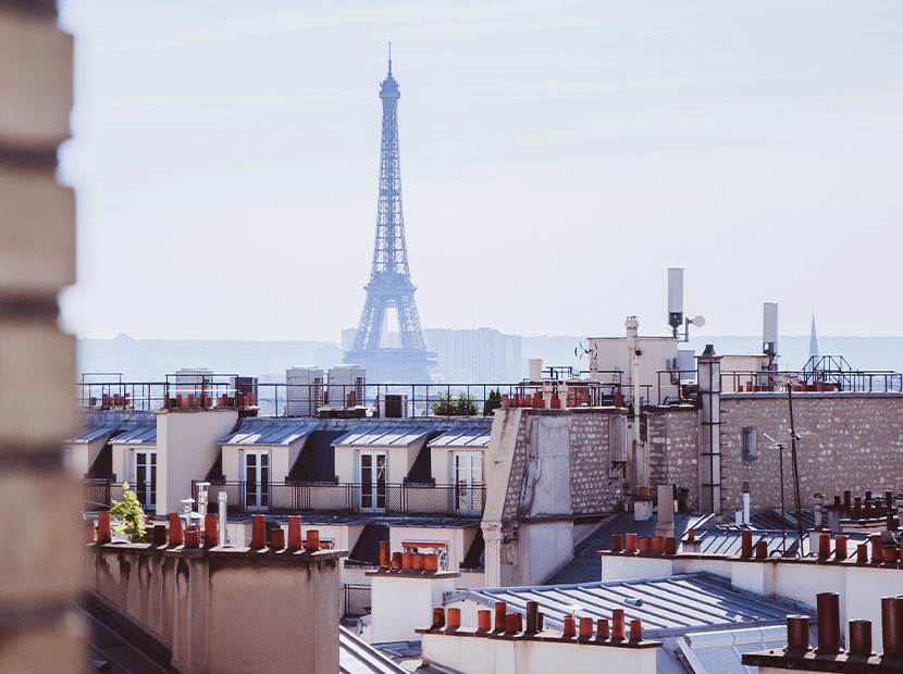 View of the Eiffel Tower from a hotel window.