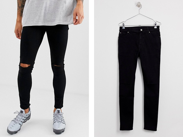 ASOS DESIGN spray on jeans in power stretch denim in black with knee rip