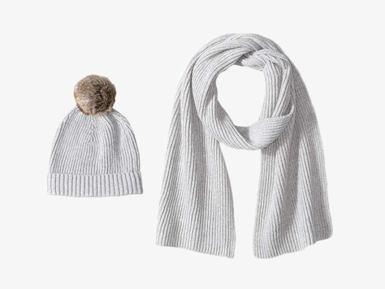 Amazon Essentials Women's Pom Knit Hat and Scarf Set.