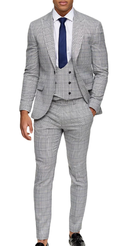 3 Piece Grey Check Skinny Fit Suit With Peak Lapels.