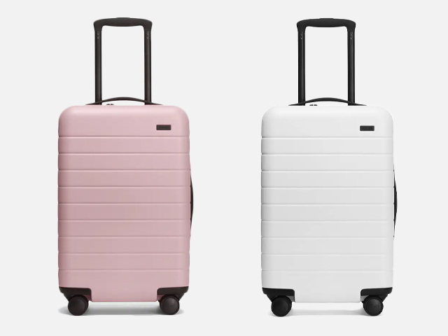 Away Luggage in Blush and White.