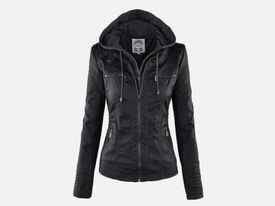 Made By Johnny MBJ Womens Faux Leather Motorcycle Jacket with Hoodie.