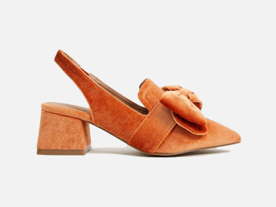 ASOS DESIGN Salsa slingback mid-heels with bow in orange velvet.