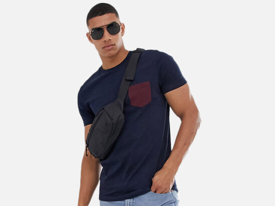 ASOS DESIGN t-shirt with contrast pocket in navy.